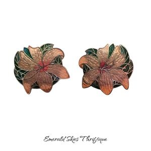 Vintage SG cloisonne lily earrings, pierced, free shipping
